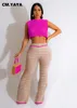 Women's Two Piece Pants CM.YAYAYA Knitted Crochet Hole Beach Women's Set Tank Top Wide Leg Pants Summer Two Piece Set 230718