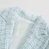 Giacche da donna Elegante giacca di tweed blu chic Giacca da donna 2023 Moda colletto rovesciato Tasche a doppio petto Capispalla Abiti da ufficio da donna