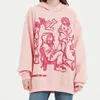 Handbemalte Straßenkleidung Rosa Hoodie Sweatshirt Lustiges Cartoon-Muster Hoodie Herbst Harajuku Graffiti Hoodie Pullover