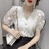 Women's Blouses Fashion Lace Chiffon Shirt Women Elegant Sexy Solid Color Three-dimensional Flower Tops