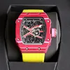 Män/kvinnor tittar på Richaer Mileres Skeleton Luxury Watch Red Yellow Canvas Strap Automatisk mekanisk klocka Sapphire Hålig ut armbandsur full funktion