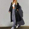 Women's Leather Fall Trench Casual Fashion Chic Belted Faux Coat Vintage Lapel Long Sleeve Slim Fit Solid Color Jacket