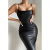 Casual Dresses 2023 PU Leather Slim Spaghetti Strap Long Dress Women Summer Sleeveless Backless Bodycon Club Party Black Vestidos