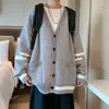 Men's Sweaters Cardigan Simple Single Breasted Knitwear Men Oversized Patchwork Vintage V-neck Jumpers Japanese Trend College Teens