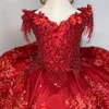 Red Flower Girls Sukienka na wesele 2024 Off Applique Crystal 3dflower Ball Suknie