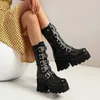 Punkowe gotyckie buty Platforma Kobiety Zipper Black Burek Pasek Wedge Buty Mid Calf Wojsko Winter Winter L230704