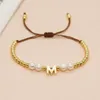 Strand Go2Boho Placcato oro Perla naturale Alfabeto A-Z Charm Bracciale con perline Amicizia Corda Catena Gioielli Regali per donne Ragazze adolescenti