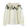 Kvinnors blusar Silk Womens Sexig Off Axel Long Puff Sleeve Short Tops Loose Casual Blouse Lady Brodery Flower Shirt