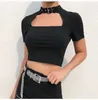 Women's T Shirts 2023 Women Sexy Solid Color T-shirt Black Gothic Choker Metal Buckle Short Tops Casual Slim Fit Woman Clothes