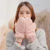 Пяти пальцев перчатки розовые бежевые женские женщины плюшевые изделия из искусственного меха с утолпением теплые перемешки зима мягкая растяжка