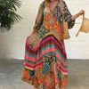 Vestidos casuais 2023 vestido retrô chique plissado maxi verão estampa étnica padrão oversized roupas femininas longas