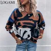 Women's Sweaters LOGAMI Contrast Color Round Neck Sweater Women's 2022 Autumn Winter New Pullover Tiger Print Sweaters L230718