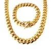 Stainless Steel Jewelry Set 18K Gold Plated High Quality Cuban Link Necklace & Bracelet For Mens Curb Choker Chain 1.5cm 8.5"/18"/20"/22"/24"/28"/30"/34"