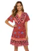 Vestidos Casuais Básicos Fitshinling Decote em V Profundo Vestido Envoltório de Verão Estampado Floral Sexy Pareo Roupa de Praia Bohemian Slim Sexy Robe Vestidos Curtos para Férias Feminino 230717