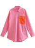 Vrouwen Blouses Casual Roze Shirt Voor Vrouwen Contrast Kleur Pocket Revers Lange Mouw Vrouwelijke Veelzijdige Shirts 2023 Kleding 3WQ6443