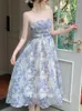 Casual Dresses French Vintage Elegant Super Fairy Dress Female Blue Floral Print Sling Summer Korea Party Office Lady Strap