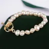 Bracciale rigido con perle d'acqua dolce barocche naturali da 7-8 mm, chiusura OT dorata, bracciale a catena estesa lungo 20 cm