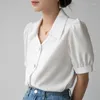 Damenblusen Sommer 2023 Damen Kurzarm Satinbluse Elegant Lose Puff Ol Stil Hemd Büro Dame Mode V-Ausschnitt Knopf Tops