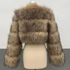 Femmes Fourrure D'hiver Femmes Mode Faux Raton Laveur Manteau De Luxe Court Fluffy Veste Survêtement Fuzzy Crop Top Haute Qualité