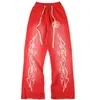 Men's Pants 2023 Studios Red Flare Extra Large Vintage Wash Print Drawstring Cotton Men Women1:1 Casual