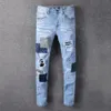 Mode mäns långa byxor desiger högkvalitativa patchworl rippade hål demin byxor streetwear jeans för män217t