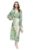 Women's Runway Dresses V Neck Long Lantern Sleeves Printed Hollow Out Piping Floral Fashion Designer Party Prom Gown