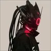 Maschere per feste Maschera cyberpunk Illuminazione rossa LED con capelli Festival musicale Fantastico Cosplay SCI-FI Casco da soldato Regalo per feste di Halloween per adulti 230718