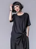 Women's T Shirts Women Black Asymmetric Chiffon Pleated Big Size T-shirt Round Neck Short Sleeve Fashion Spring Summer O229