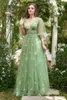 Abiti da festa FATAPAESE Abito da ritorno a casa Fiori con scollo a V Ricamo Gonna a trapezio verde Tulle Lungo Maxi Prom con maniche corte Formale