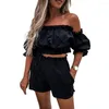 Survêtements pour femmes Femmes Femmes Crop Top Shorts Set Shirring Court Bubble Sleeve Off Épaule Dos Nu Bandeau Taille Haute Poches Lady