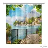 Shower Cityscape 3D Print Shower Curtain Seaside City Mountain River Downtown Bathroom Waterproof Bathtub Curtain Home Decor With