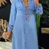 Casual Dresses Vintage Denim Dress Turn-Down Collar Long Sleeves Women DressSingle Breasted Maxi Two Pockets Solid Color 2023