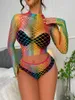 Conjuntos de sutiãs femininos Sexy Rainbow Fishnet Conjunto de Lingerie Duas Peças Erótico Pornô Corpo Roupa Interior Moda Verão Ropa Interior Sexys Mujer