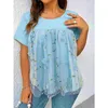Women's Plus Size T-Shirt Spring Summer Lace Splice Straight T-shirt Women's Sweet Fresh O-Neck Floral Printed Short Sleeve Gauze Plus Size Mid Tops 230719