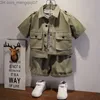 Clothing Sets Western style boys' clothing summer shorts army green button down lapel shirt multi pocket work clothes children's set ages 2-8 Z230719