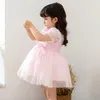 Robes pour filles Robe de bal princesse d'été espagnole pour enfants avec nœud et volants Mesh Splice Fête d'anniversaire Pâques Manches courtes Robe Lolita pour filles A309 230718