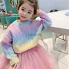 Pullover Rainbow dzianin Sweter SWEATER Dziewczyna jesienna zima słodka kawaii płaszcz sweter dla dzieci dziewczyna Korean Button Down Cardigan HKD230719