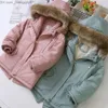 다운 코트 베이비 데님 재킷 플러스 모피 따뜻한 아기 겨울 면화 패딩 옷 두꺼운 면화 코트 Z230719