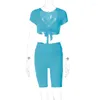 Women's Tracksuits 2023 Women Solid Color Sexy Elastic Slim Crop Top Short Sleeve Low-Cut Bandage Wild Chic T-Shirt Sport Leggings 2 Piece