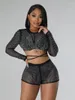 Survêtements pour femmes KEXU Mesh See Through Diamonds Set T-shirt et short à lacets à manches longues 2023 Sexy Two 2 Piece Outfits Survêtement