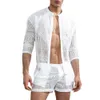 MEN S TRACHSUITS ROPA HOMBRE AUTRUMBE 1 SET MEN TOP SHORTS HOLLOW OUT SOLD COLL LACE انظر من خلال الزي لـ Wedding Night Mens Suits 230718