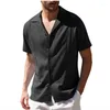 Vrijetijdsoverhemden voor heren Heren S-linnen button-down overhemd met korte mouwen en borstzak - Strandblouse met reverskraag in effen kleur