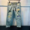 Tasarımcı Luxurys Mens Jeans Sıradan Nakış Vintage Patchwork Pants Klasik Aplike Moda Delikleri Motosiklet Biker Slim-Leg Was2697