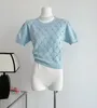 Pulls pour femmes élégant O cou à manches courtes diamants Argyle pull dame été couleur unie bouffée tricoté t-shirt