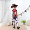 Kledingsets Babyjongen Halloween-kleding voor kinderen Denim 5-delige set Purim Activiteit Feestkleding Hoed Sjaal Overhemd Taille Jas Broeken Z230719