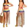 サロンのかぎ針編みカラフルなストライプビーチカバーロングドレスセクシーな女性トップタッセルスカートビキニ水着アップ2pcs/セット