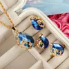 Collier boucles d'oreilles ensemble charmant bleu cristal paon bijoux pour femmes mode plaqué or chaînes bague ensembles fête