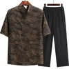 Vêtements ethniques hommes vêtements chinois chemise pantalon demi manches Tang costume main bouton Costumes Satin soie Hanfu col Mandarin