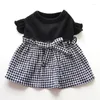 Dog Apparel Spring Summer Black And White Flying Sleeve Plaid Skirt Personality Pet Clothes Cat Cute Bow Puppy Dress