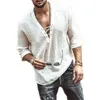 Polos masculinos fashion Hippie camisa de linho casual manga média decote em V verão praia solta camiseta top sólido 230718